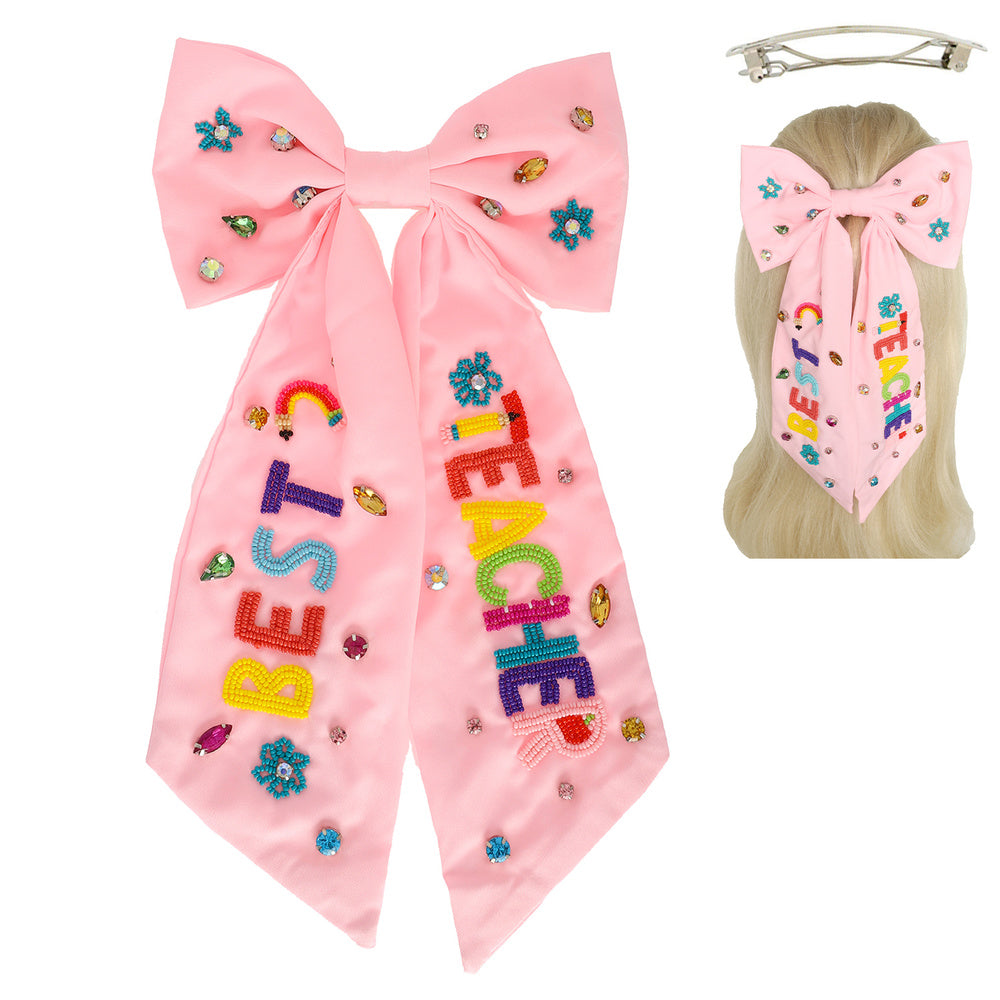 BEST TEACHER Beaded Crystal Bow Shaped Hair Barrette