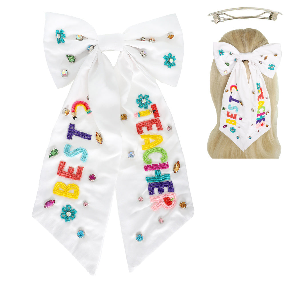 BEST TEACHER Beaded Crystal Bow Shaped Hair Barrette