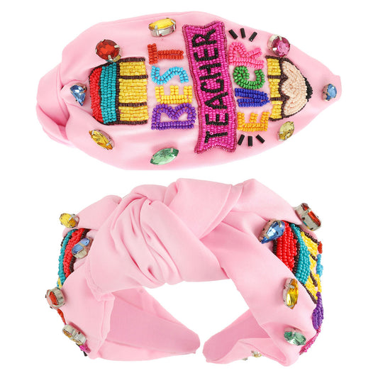 Best Teacher Pink Beaded Crystal Top Knot Headband