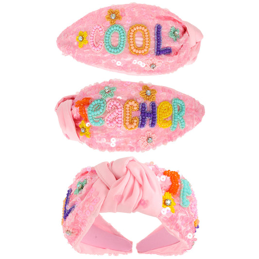 COOL TEACHER Pink Beaded Crystal Top Knot Headband