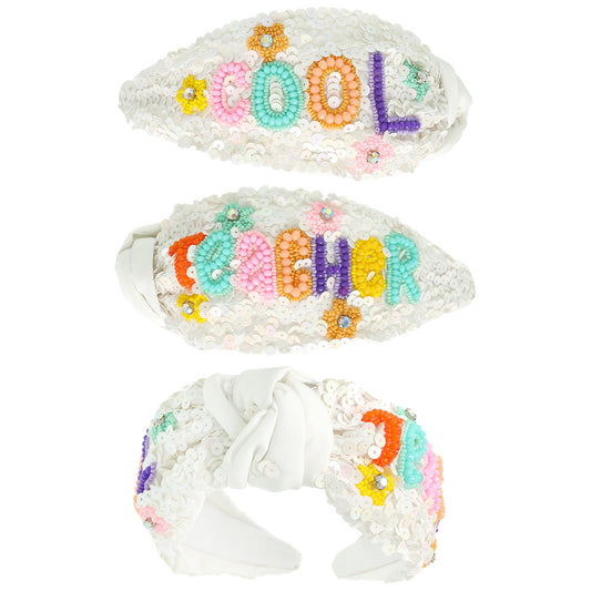 COOL TEACHER White Beaded Crystal Top Knot Headband