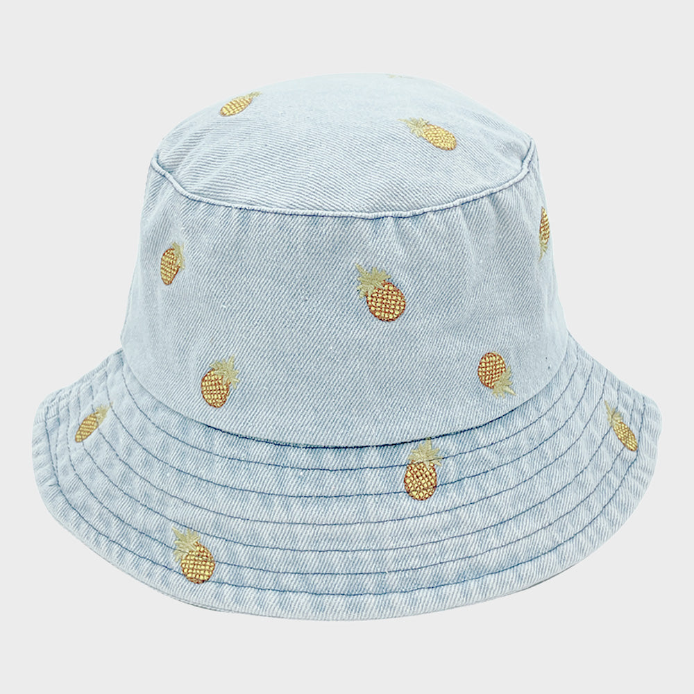 Embroidered Pineapple Light Denim Bucket Hat