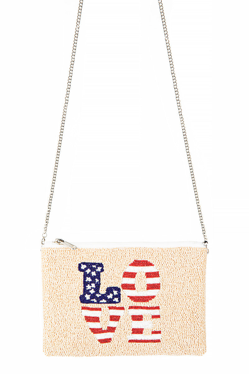 LOVE USA Patriotic Beaded Crossbody Clutch Handbag