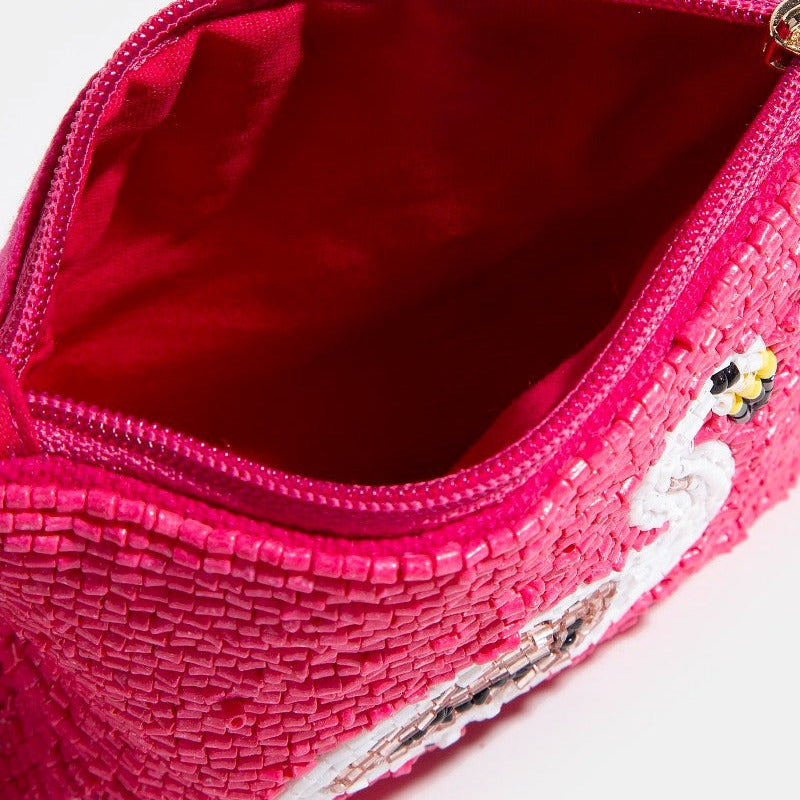 Pink Flamingo Beaded Coin Pouch Bag