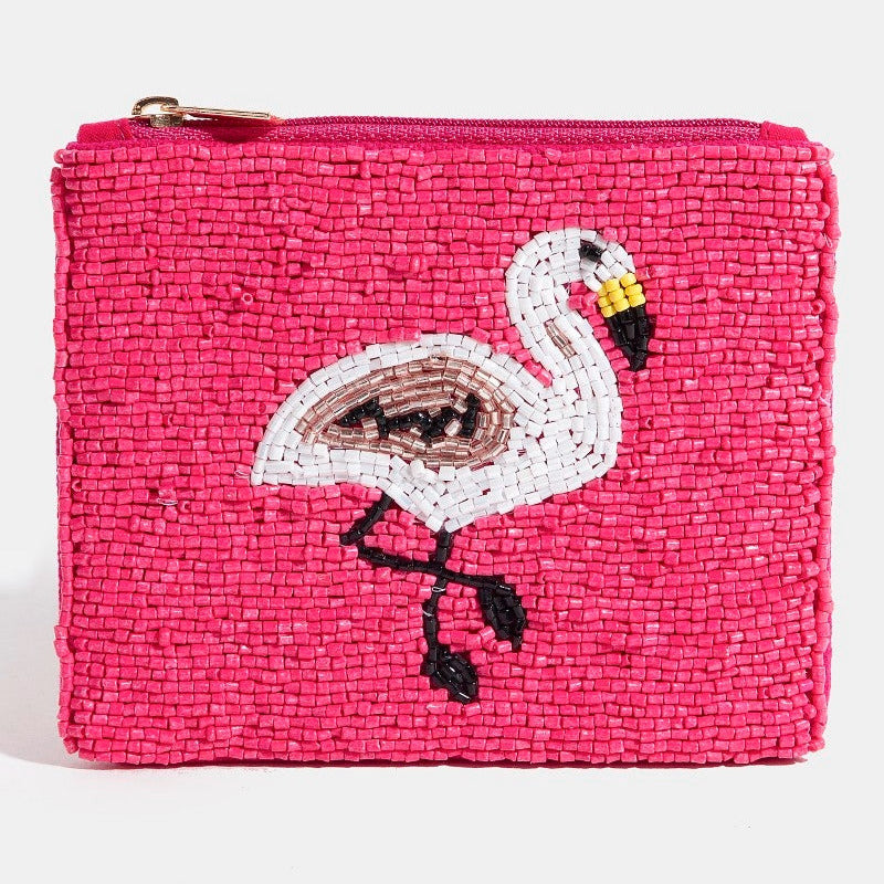 Pink Flamingo Beaded Coin Pouch Bag