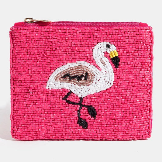 Pink Flamingo Beaded Coin Pouch Bag