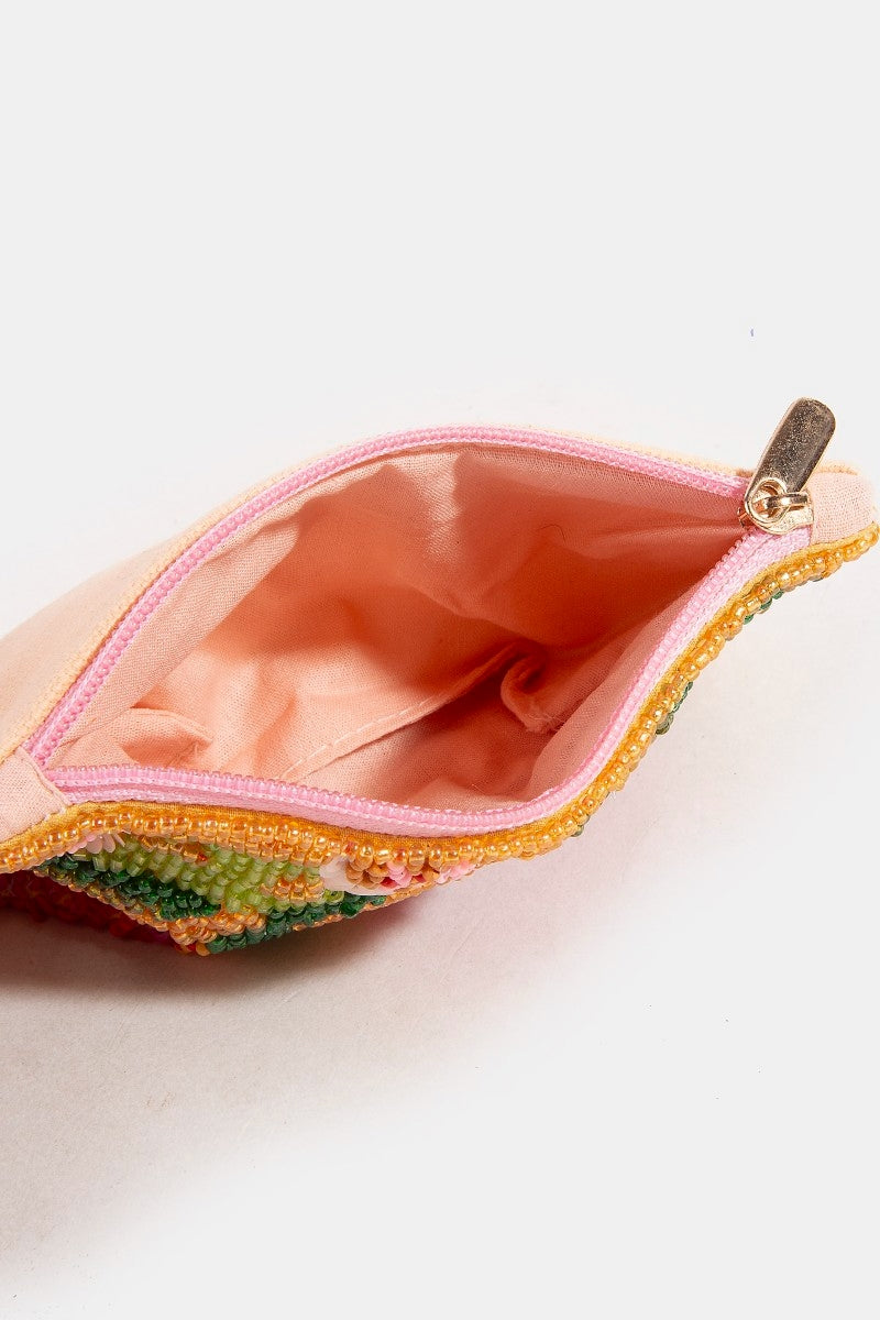Hibiscus Pink Floral Sequin Seed Beaded Coin Pouch Bag