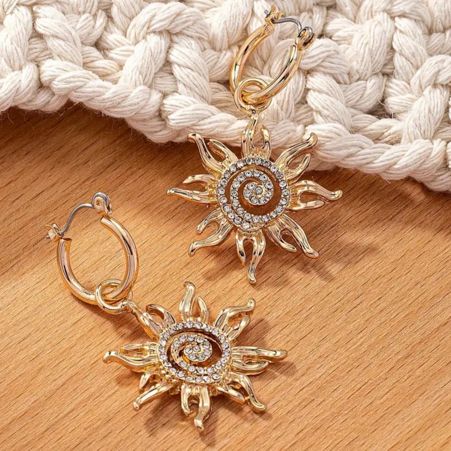 Rising Sun 18K Gold Rhinestone Swirl Huggie Hoop Earrings