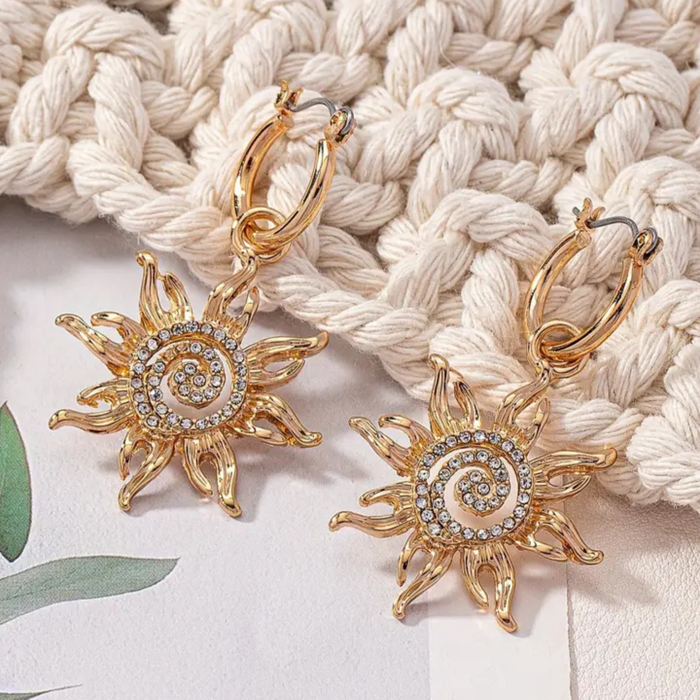 Rising Sun 18K Gold Rhinestone Swirl Huggie Hoop Earrings