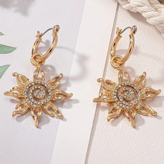 Rising Sun 18K Gold Rhinestone Swirl Huggie Hoop Earrings