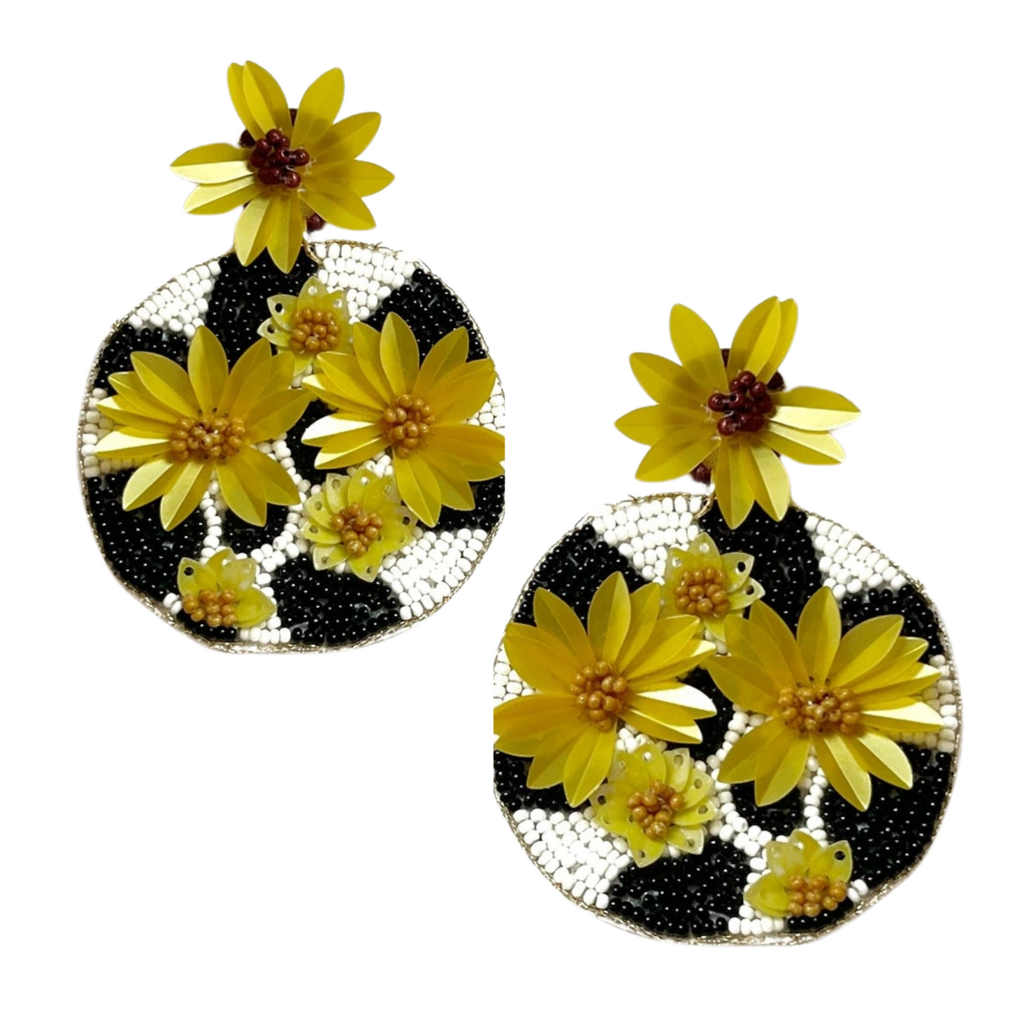 Cow Print Cowgirl Sunflower Fields Round Seed Beaded Earrings