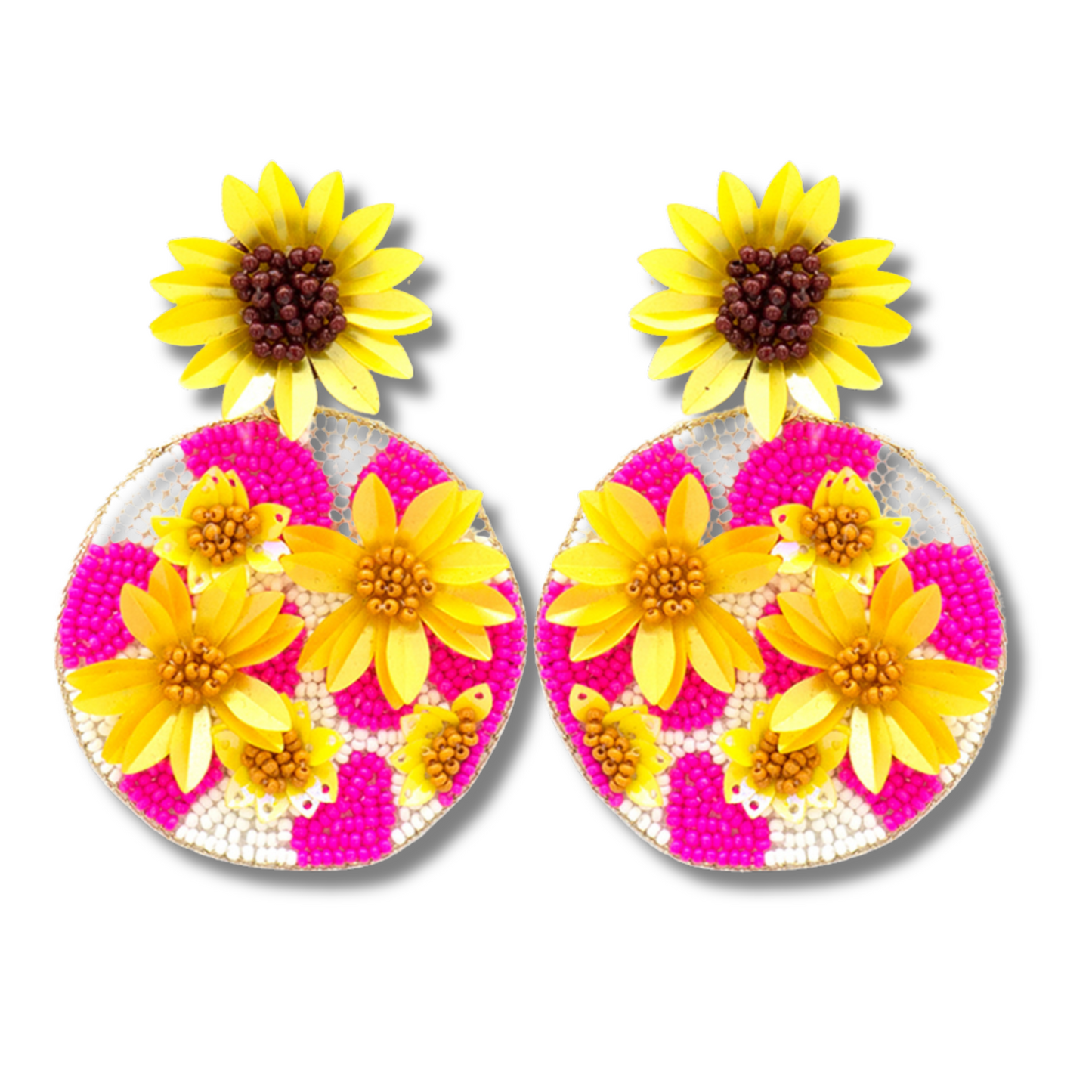 Cow Print Cowgirl Sunflower Fields Round Seed Beaded Earrings