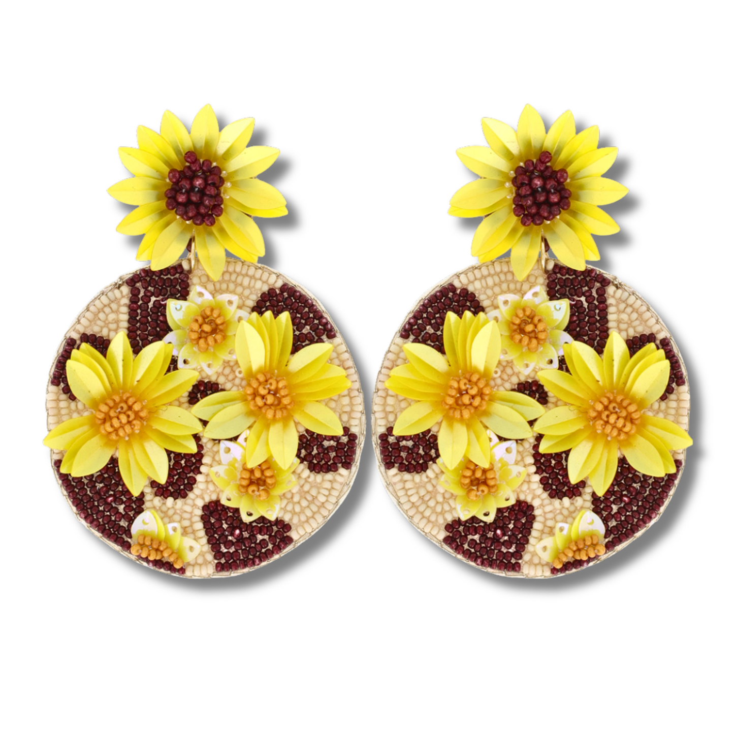 Cow Print Cowgirl Sunflower Fields Round Seed Beaded Earrings