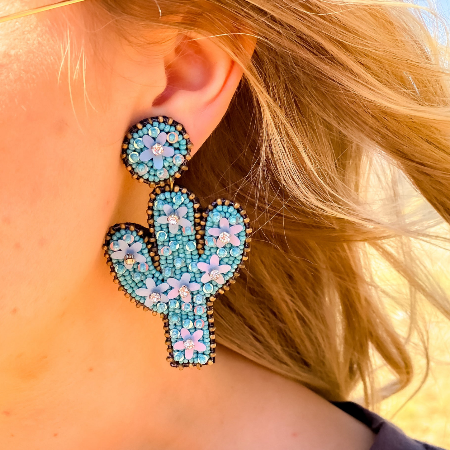 Western Bead & Flower Turquoise Boho Cactus Earrings