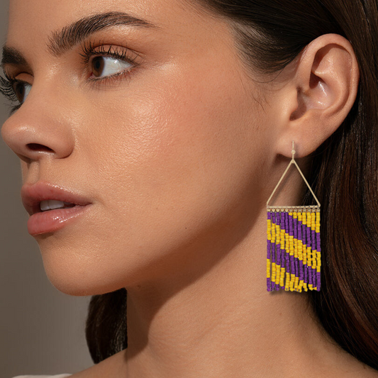 LSU Football Team Colors Fringe Seed Beaded Earrings