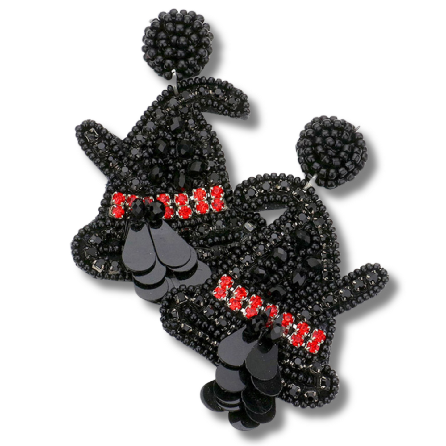 Halloween Witch Theme Broom Hat Ruby Gem Beaded Earrings