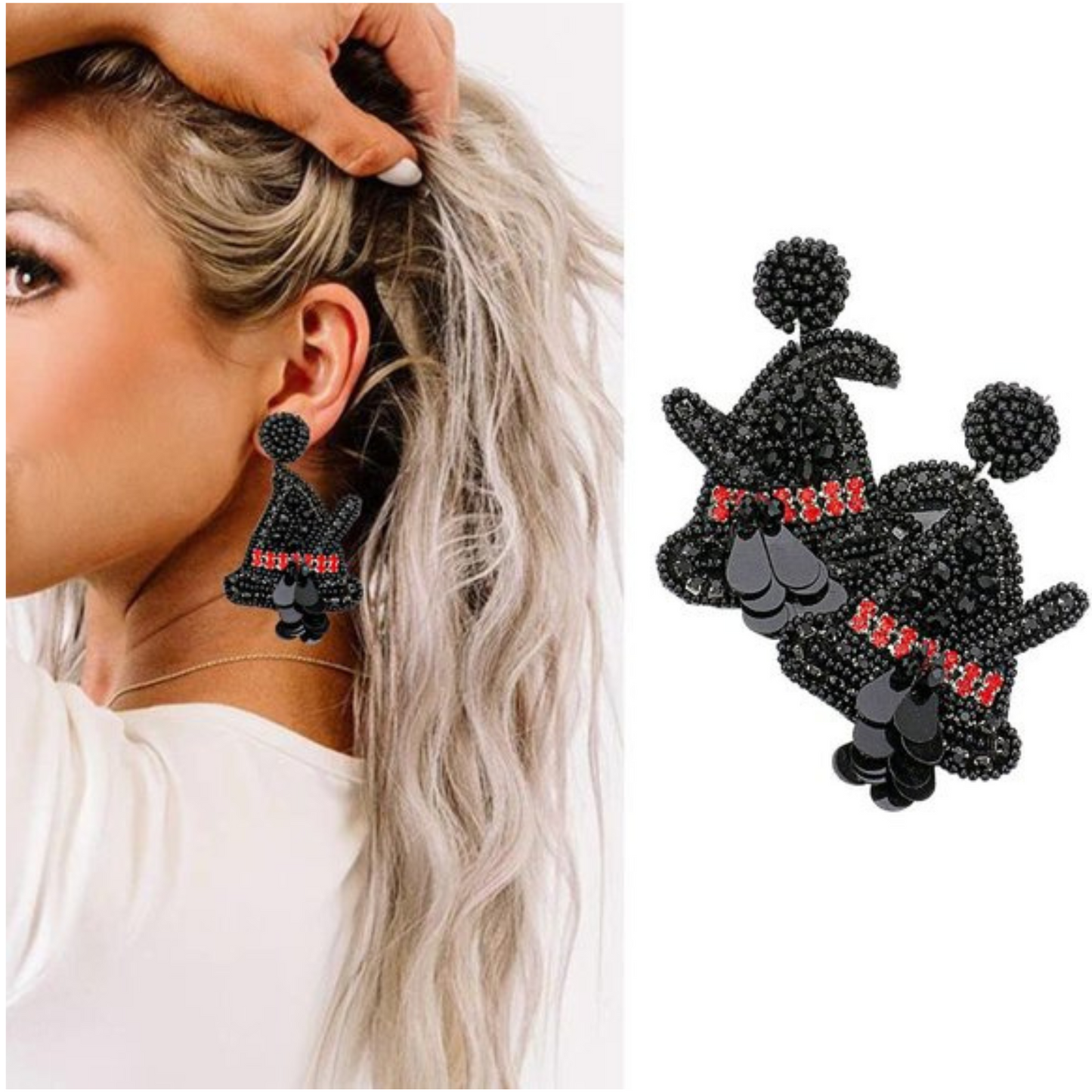 Halloween Witch Theme Broom Hat Ruby Gem Beaded Earrings