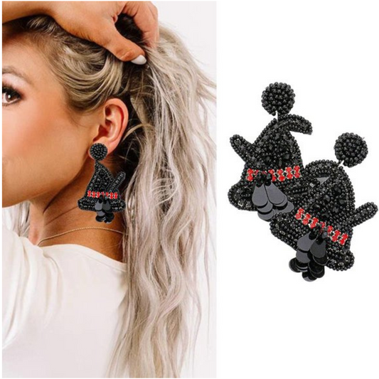 Halloween Witch Theme Broom Hat Ruby Gem Beaded Earrings