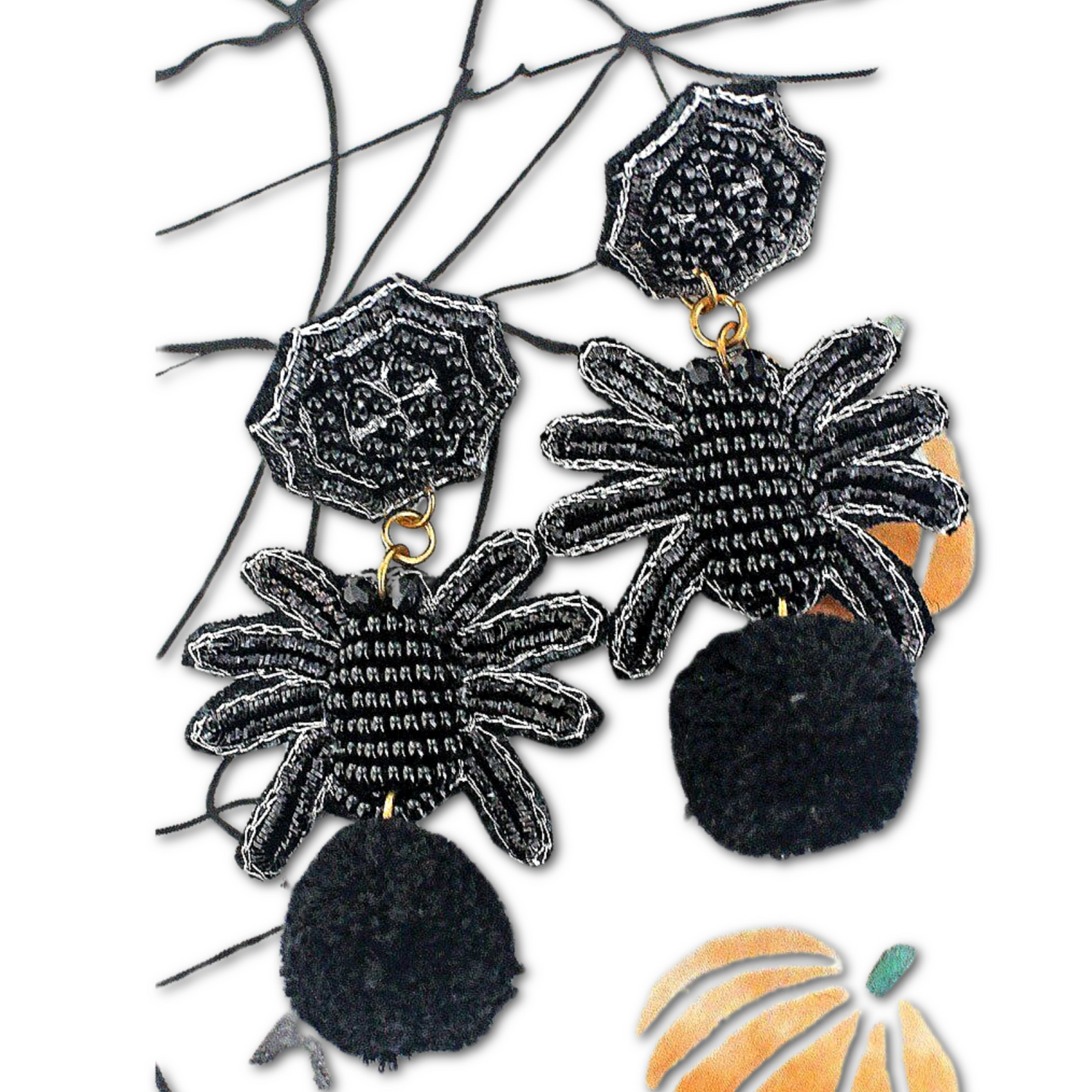Halloween Spider Web Beaded Fur Pom-Pom Earrings