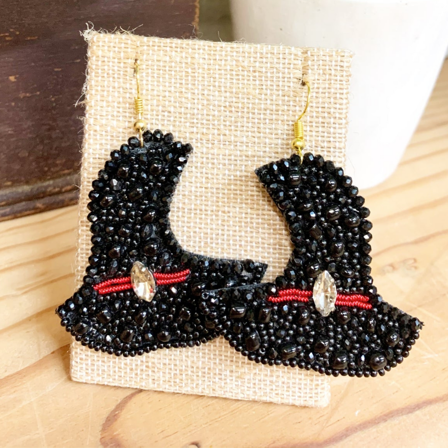 Halloween Witch Theme Broom Hat Ruby Gem Beaded Earrings