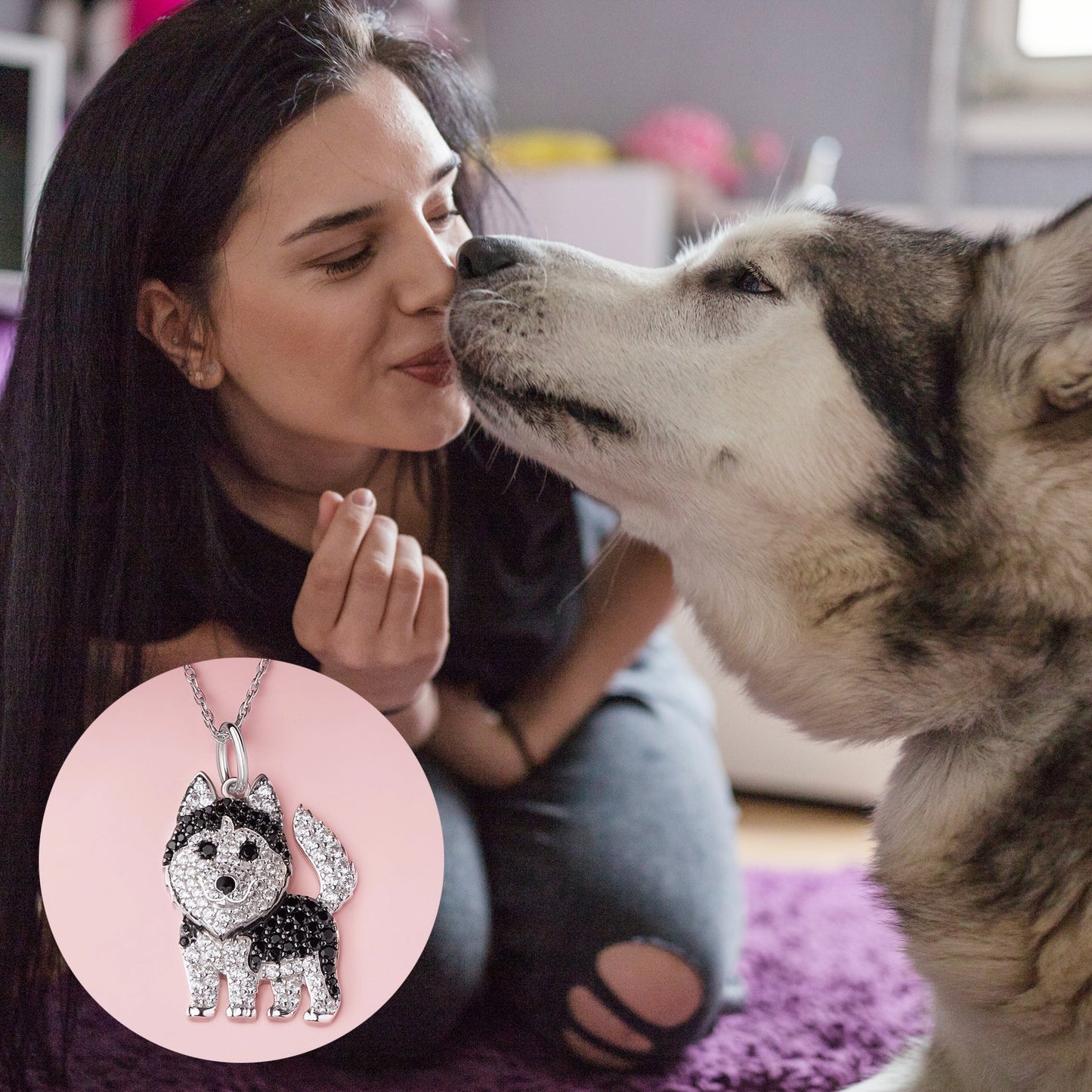 Siberian Husky Dog Breed Rhodium Sterling Silver CZ Necklace