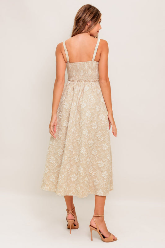 SOFT SUNSET STORY WOVEN MIDI DRESS