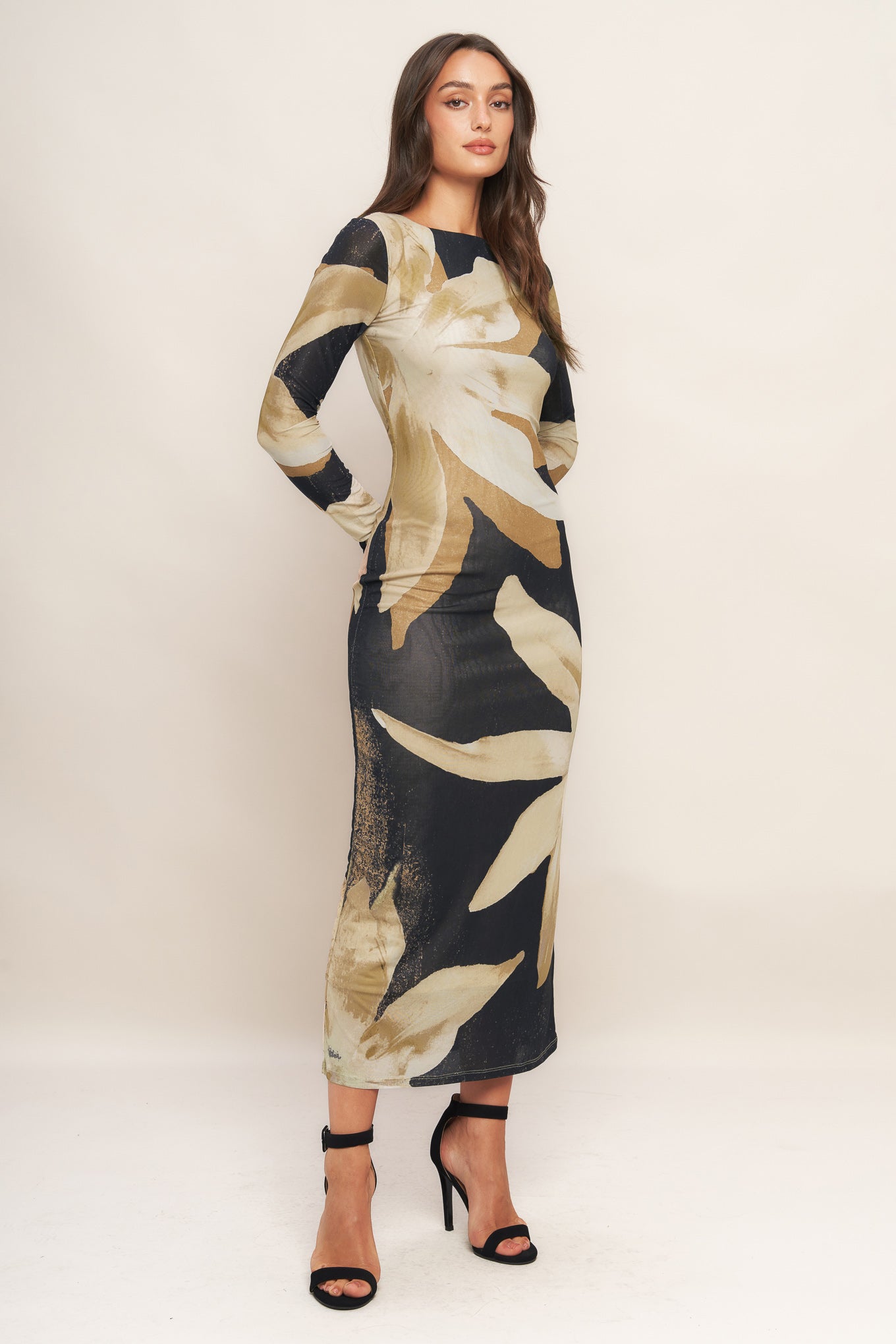 ABSTRACT BOTANICA POWER MESH MIDI DRESS