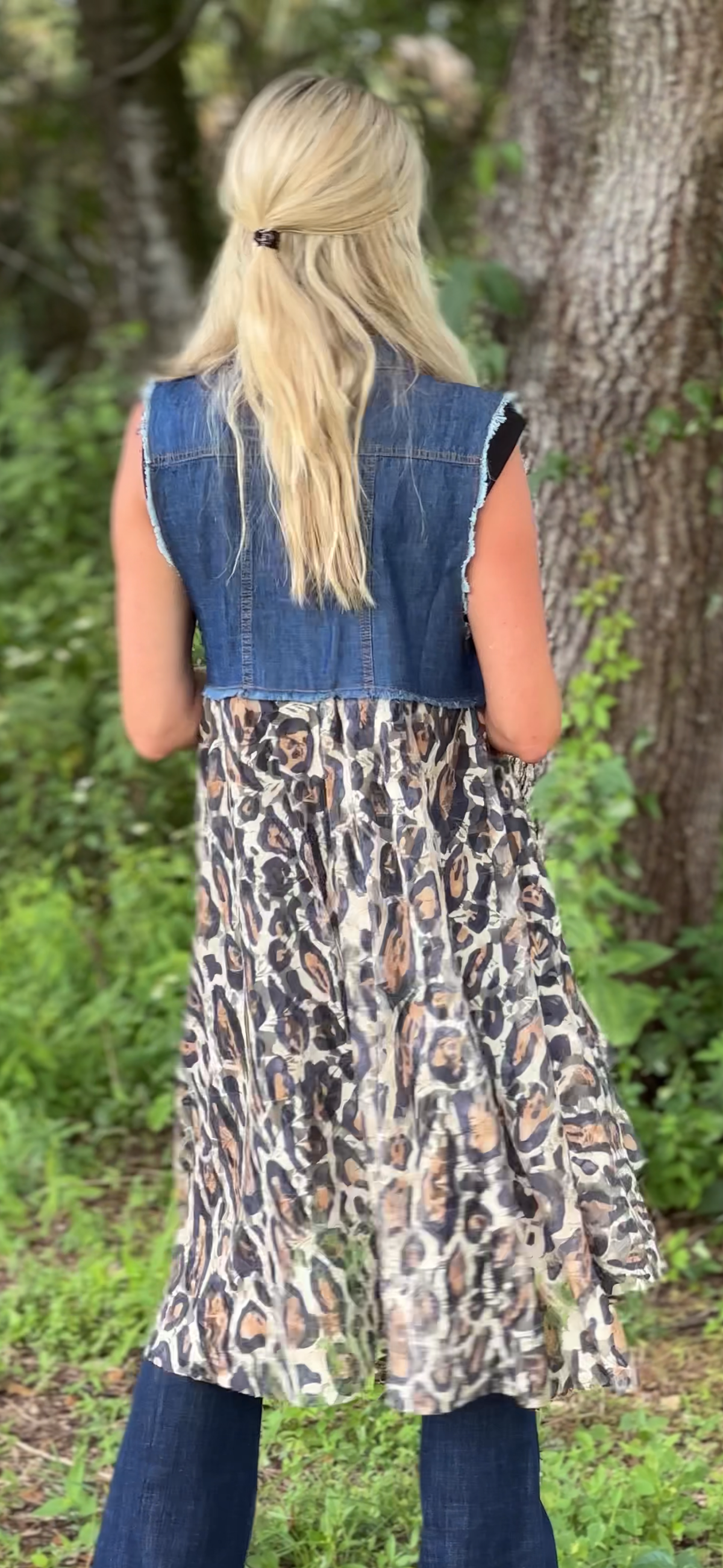 Deidre Denim Vest Boho Lace Hem in Blue Leopard