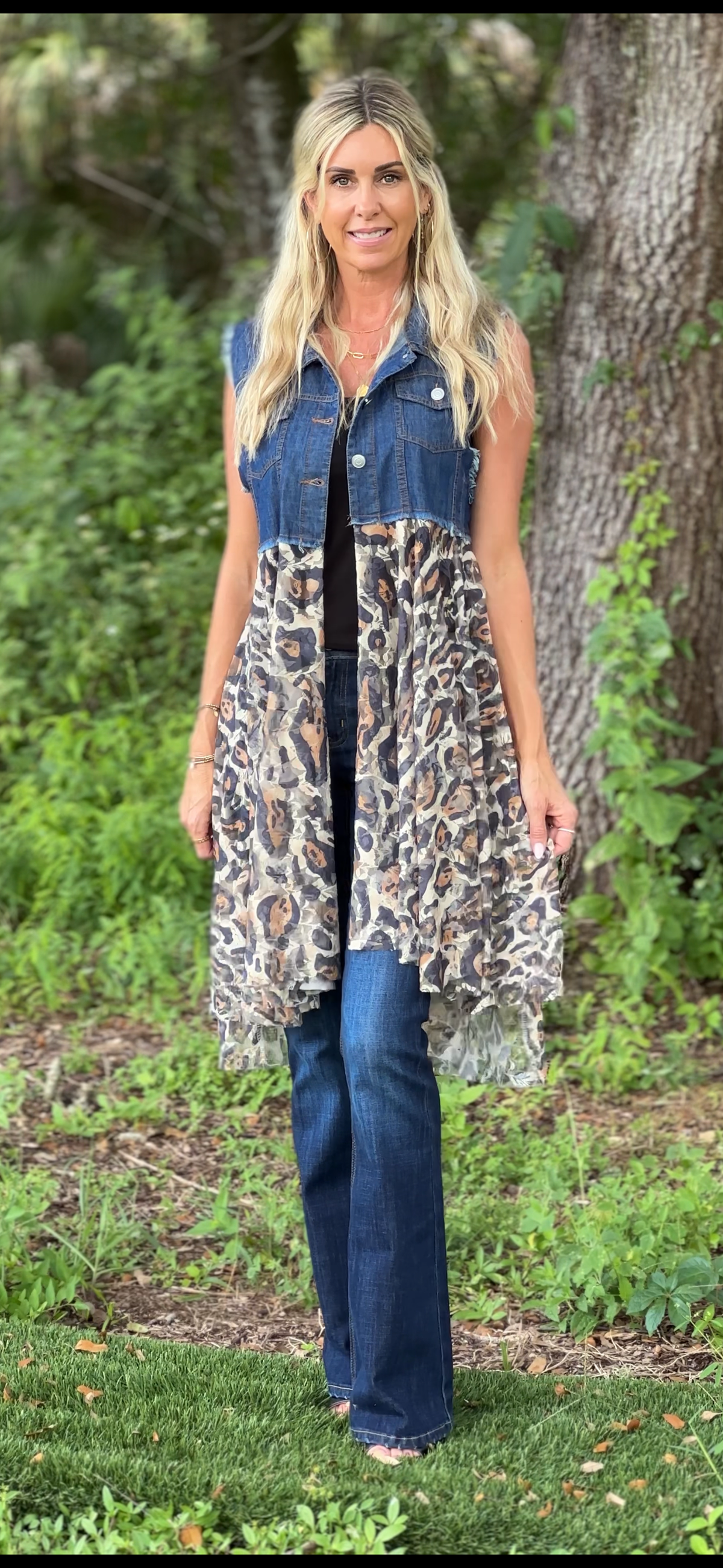 Deidre Denim Vest Boho Lace Hem in Blue Leopard