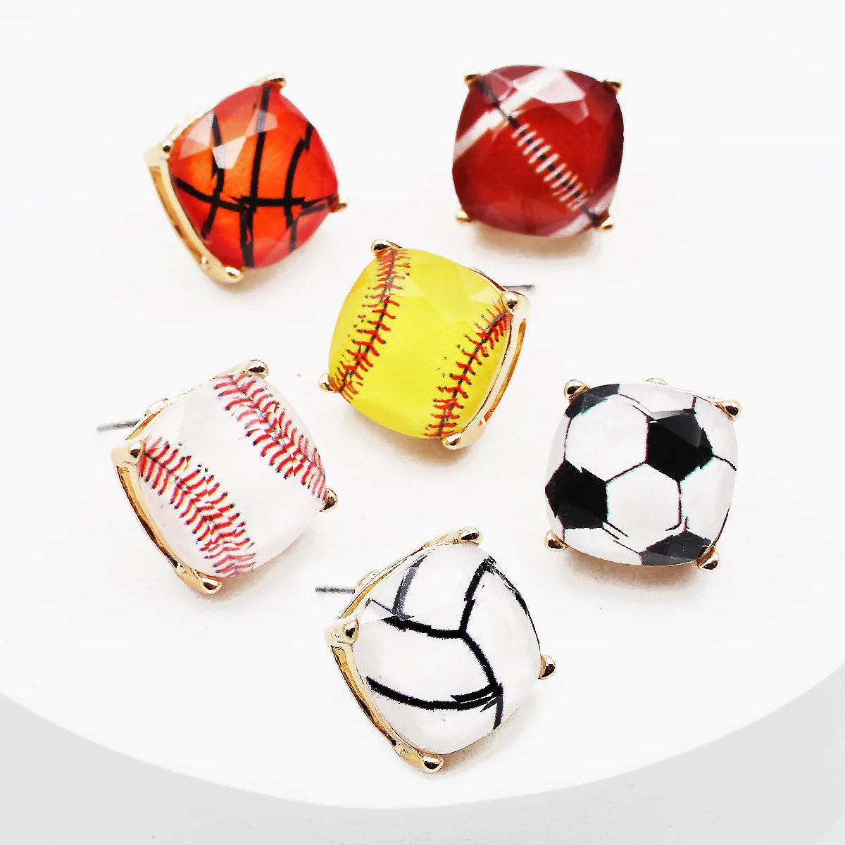 Cushion Cut Glass Bead Basketball Gold Stud Earrings