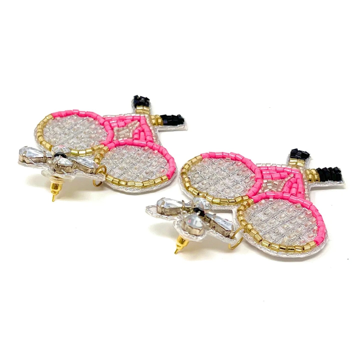 TENNIS Theme Crystal & Seed Beaded Pink Racket Earrings
