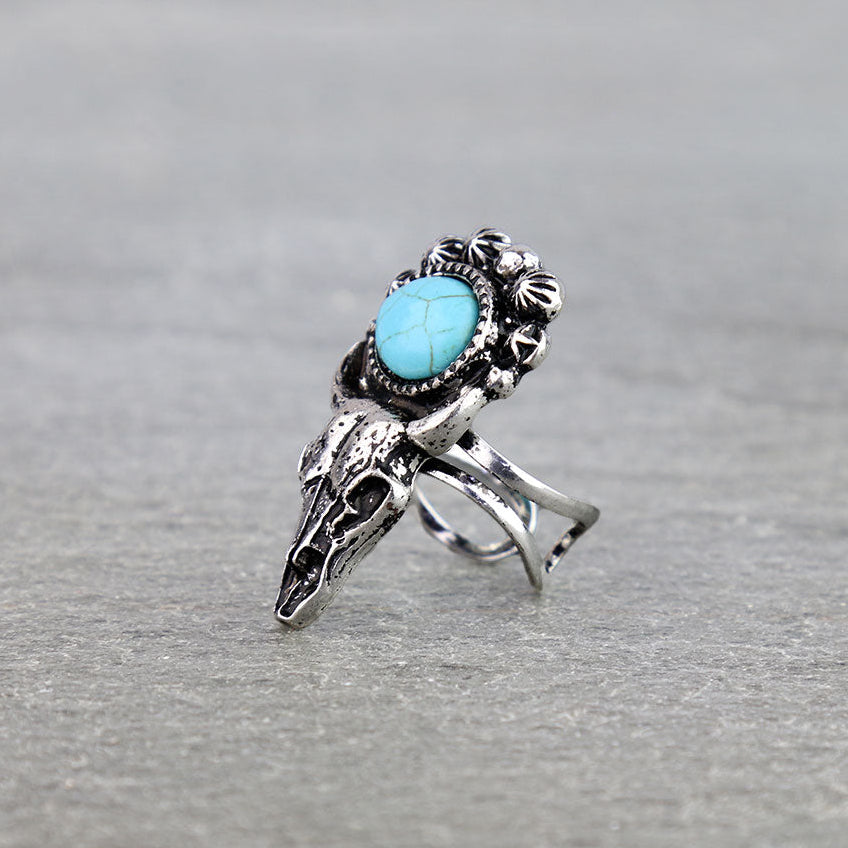 Western Cow Skull Silver Cuff Ring