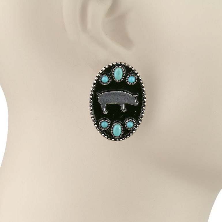 Western Style Turquoise Silver Pig Earrings