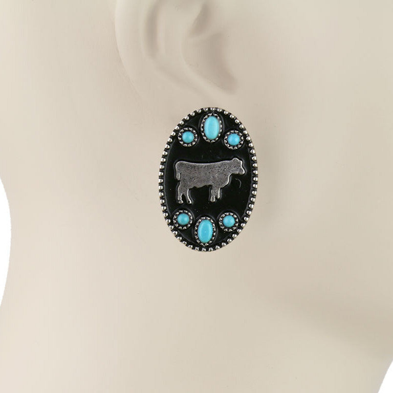 Western Style Turquoise Silver Cow Earrings