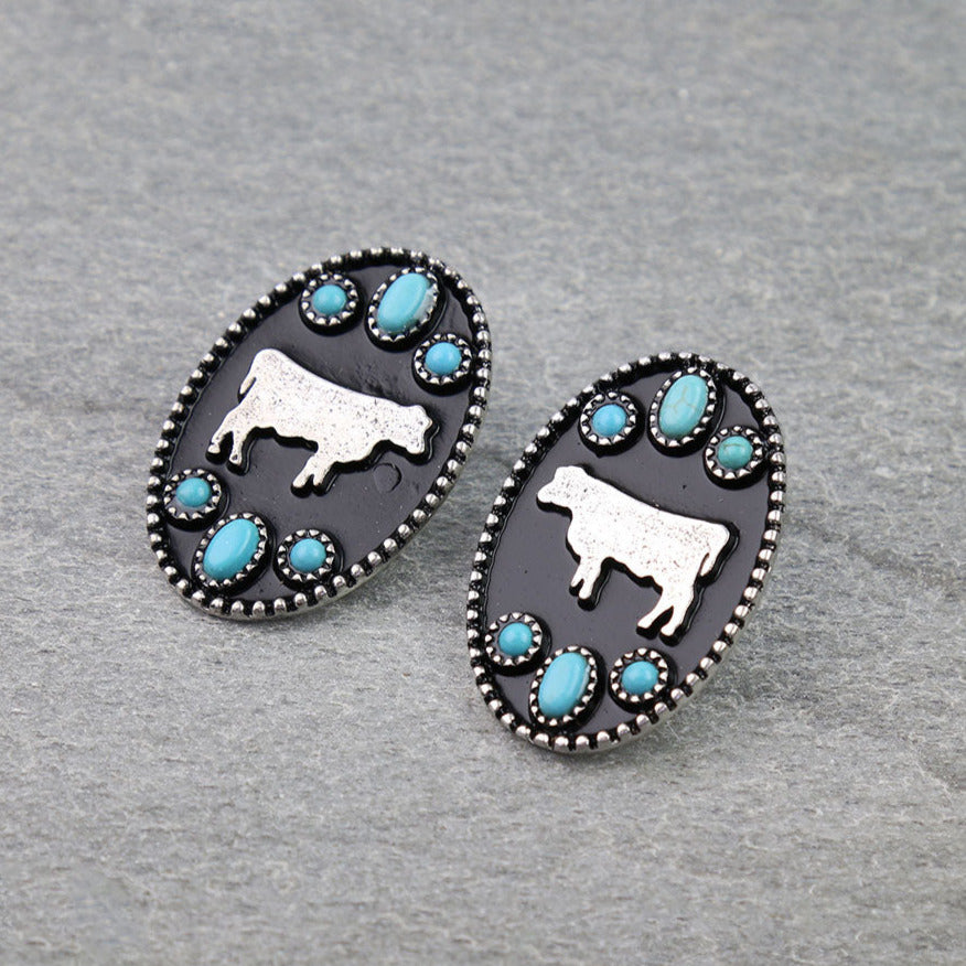 Western Style Turquoise Silver Cow Earrings