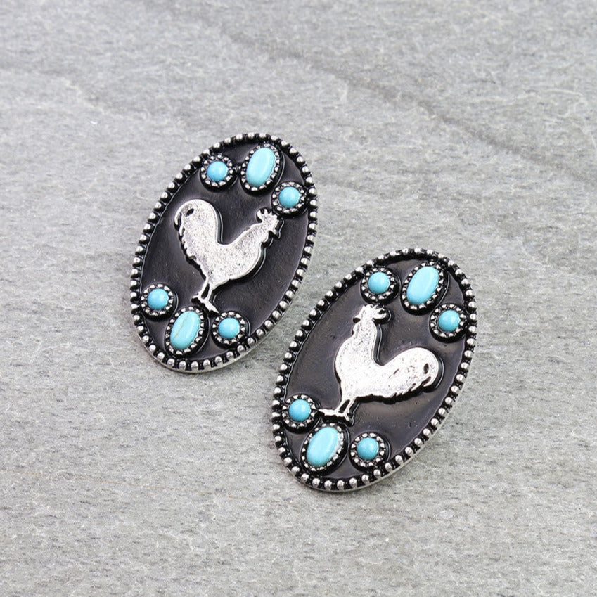 Western Style Turquoise Silver Chicken Earrings