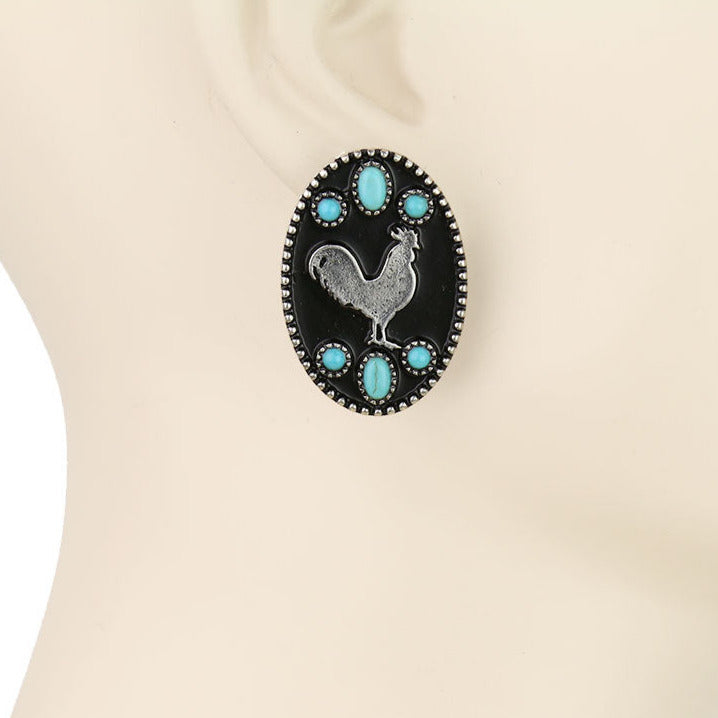 Western Style Turquoise Silver Chicken Earrings