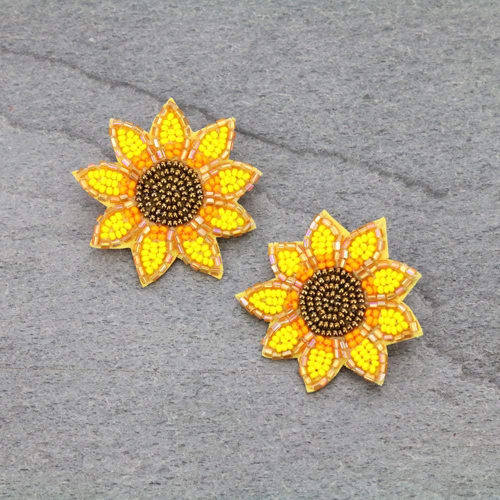 Sunflower Seed Beaded Floral Boho Stud Earrings