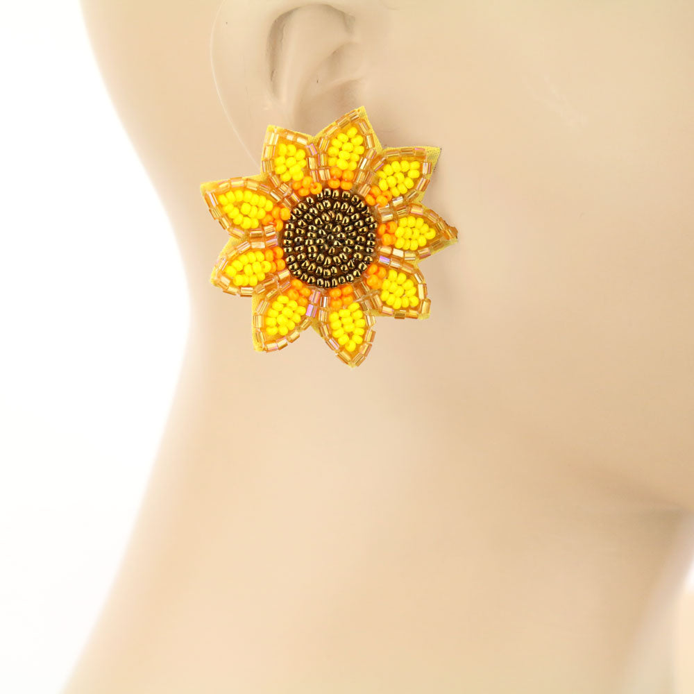 Sunflower Seed Beaded Floral Boho Stud Earrings