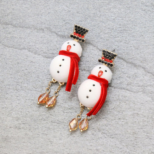 Austrian Crystal Dangling Legs Fuzzy Fun Snowman Earrings