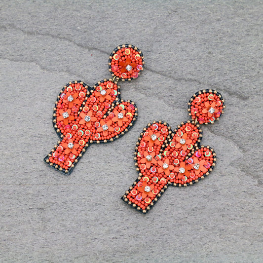 Western Bead & Flower Coral Boho Cactus Earrings