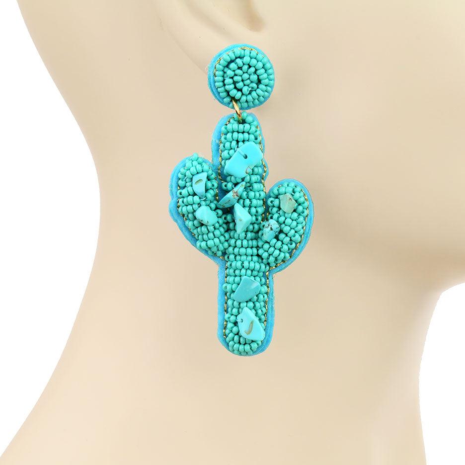 Turquoise Natural Stone Seed Beaded Western Cactus Earrings