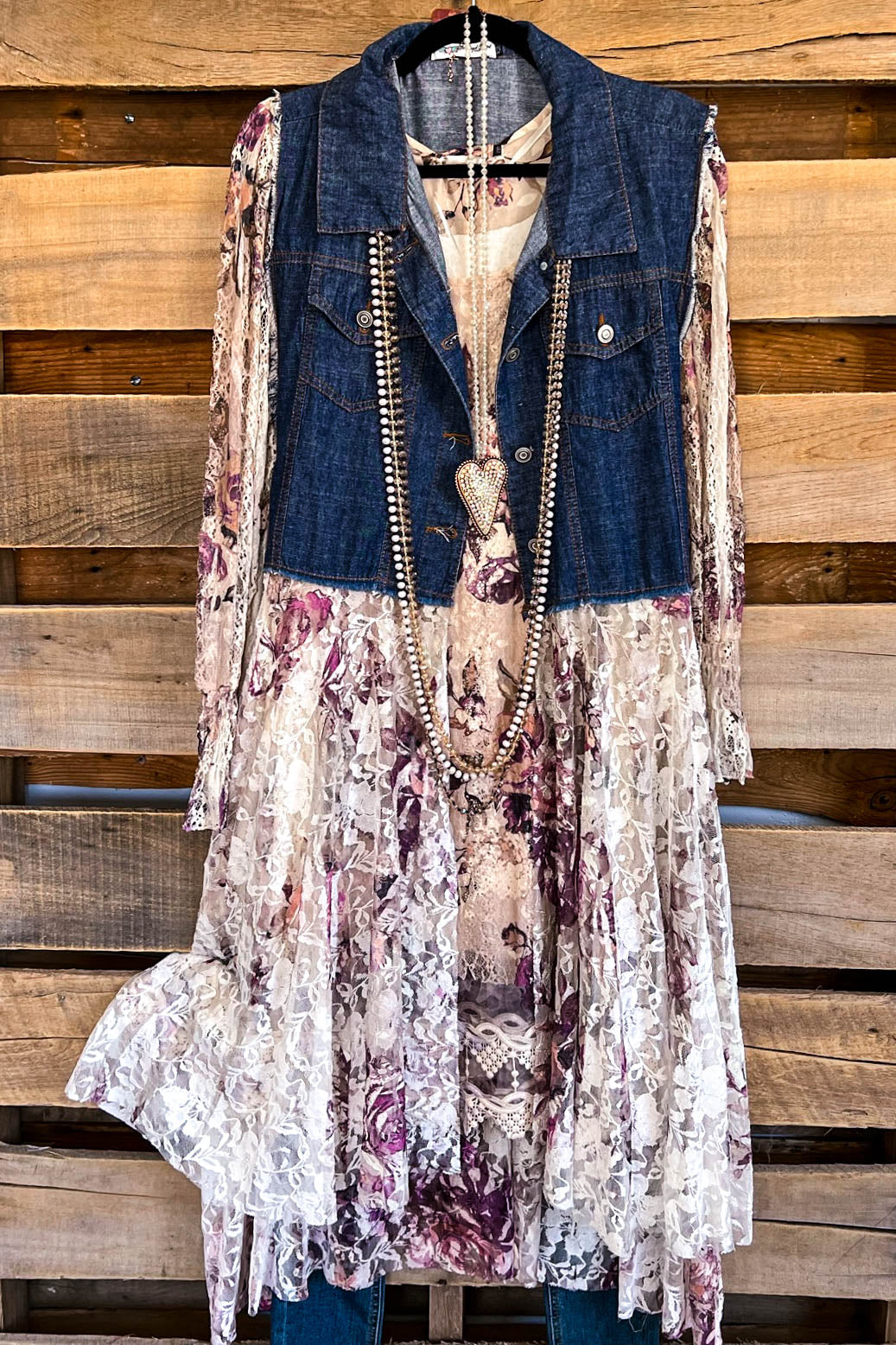 Deidre Blue Denim Vest Boho Lace Hem in Pink Rose