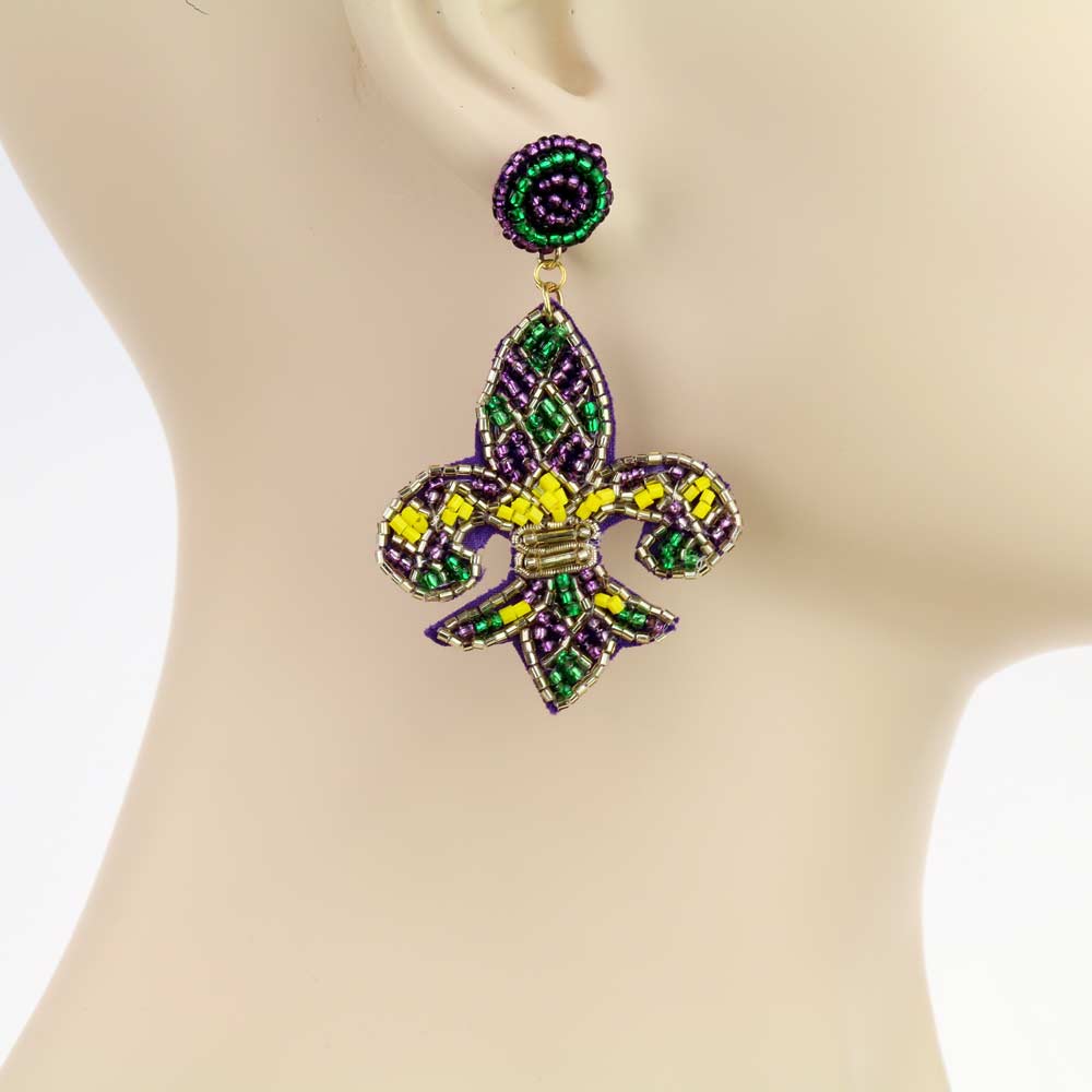 Mardi Gras Fleur De Lis Beaded Earrings