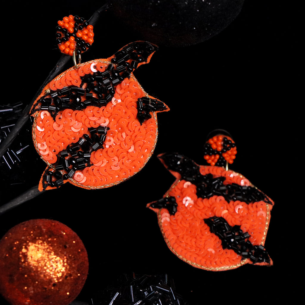 Black Bats Moon Halloween Seed Beaded Earrings