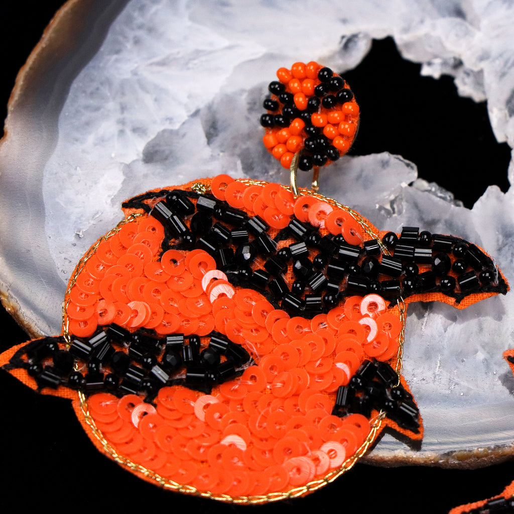 Black Bats Moon Halloween Seed Beaded Earrings