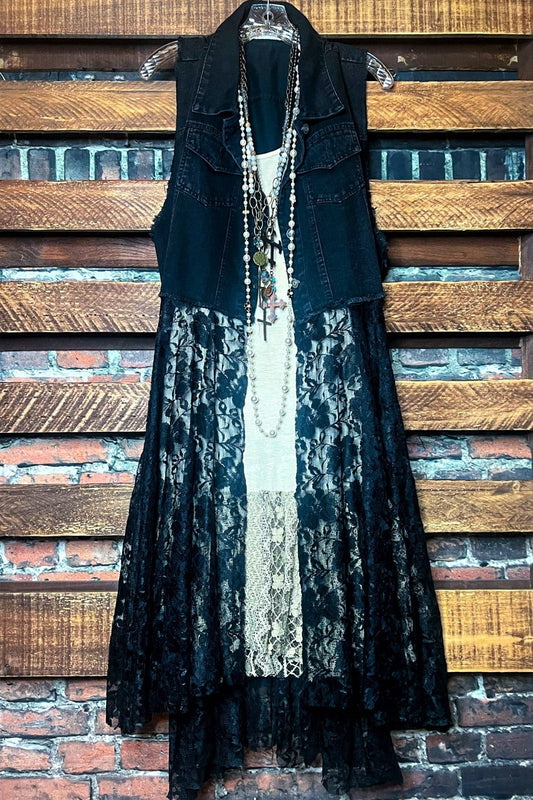 Deidre Black Denim Vest Boho Lace Hem in Black