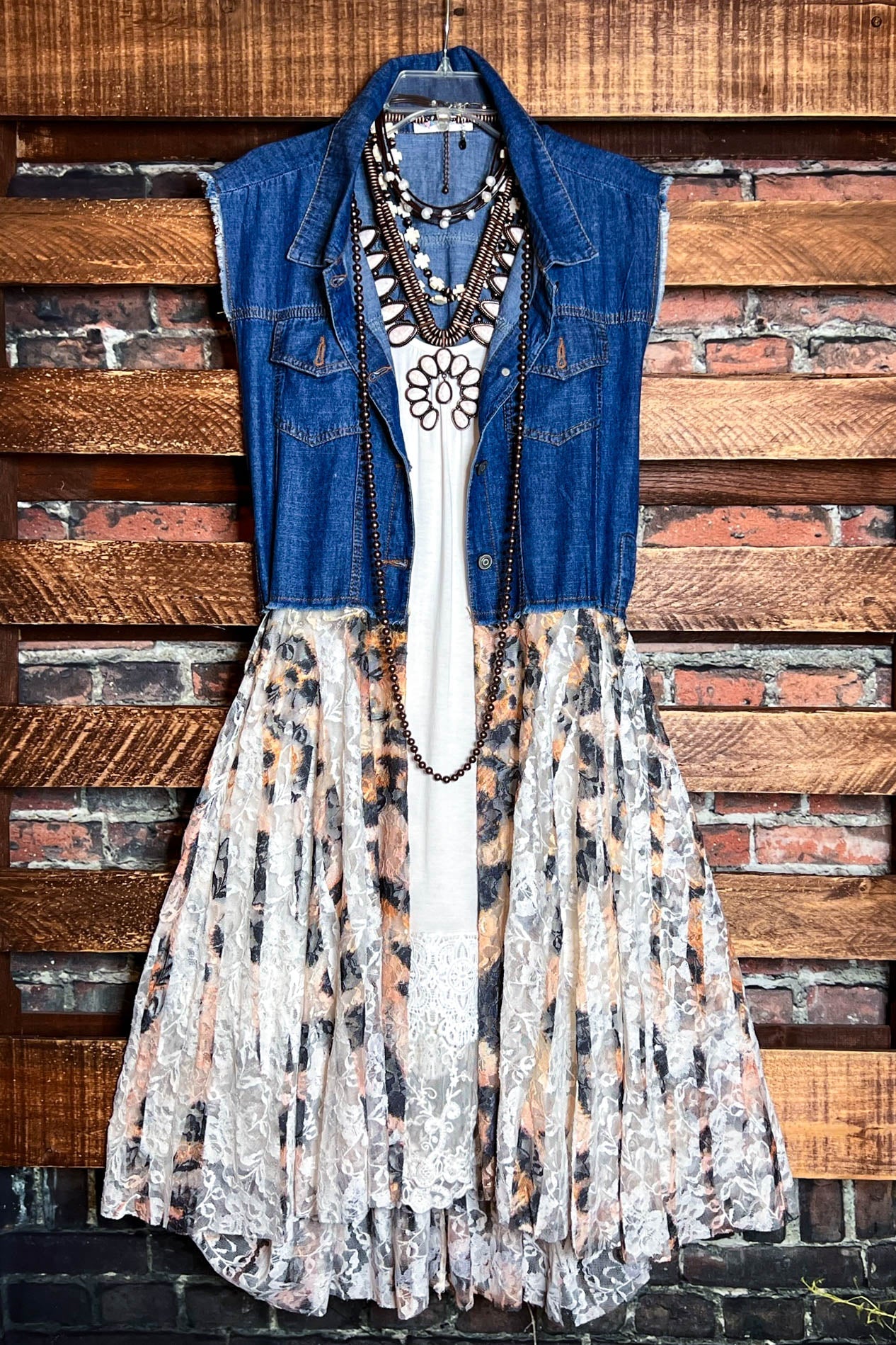 Deidre Denim Vest Boho Hem in Blue Leopard Lace