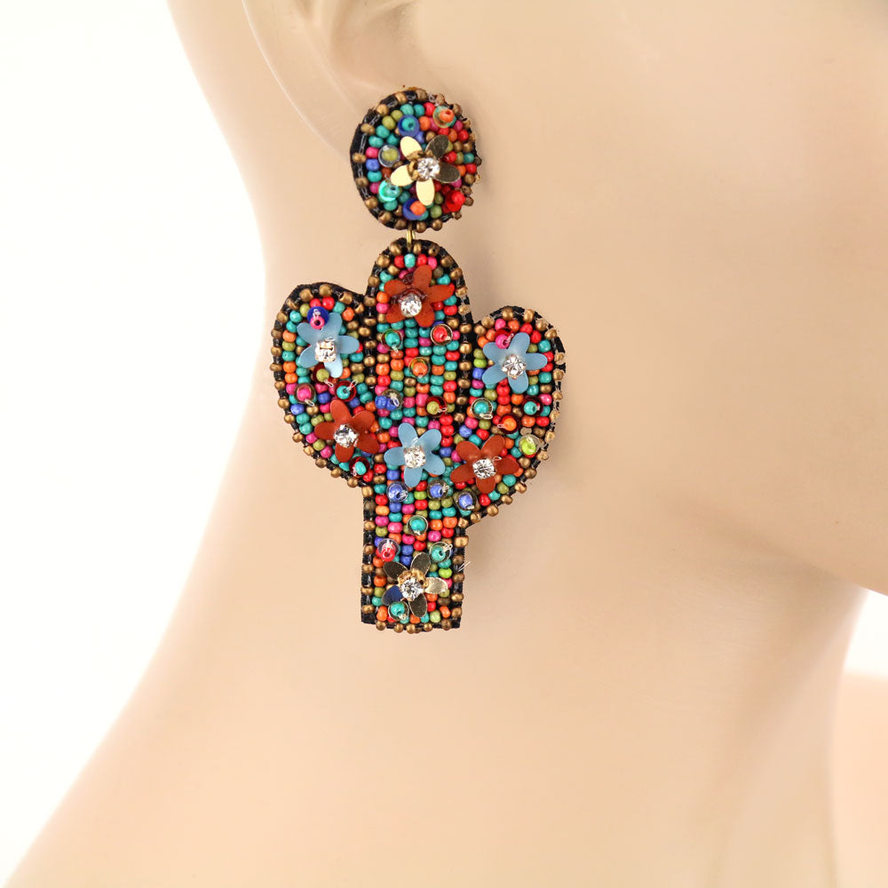 Western Bead & Flower Multi-Color Boho Cactus Earrings