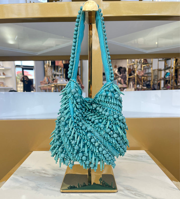 The Averlee Artisan Beaded Mini Bucket Bag in Turquoise